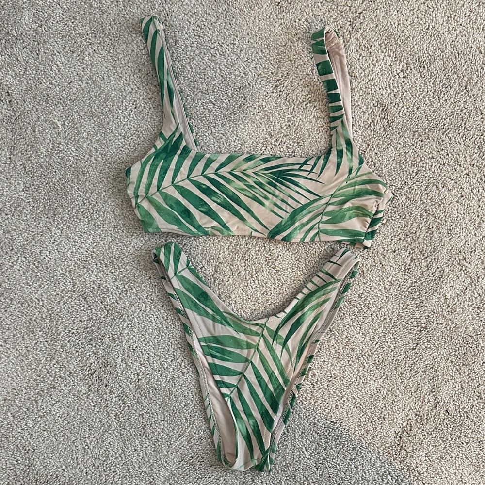 Aerie Green Leaf Print Bikini : Scoop Top : Hi-leg Cheeky Bottom Medium
